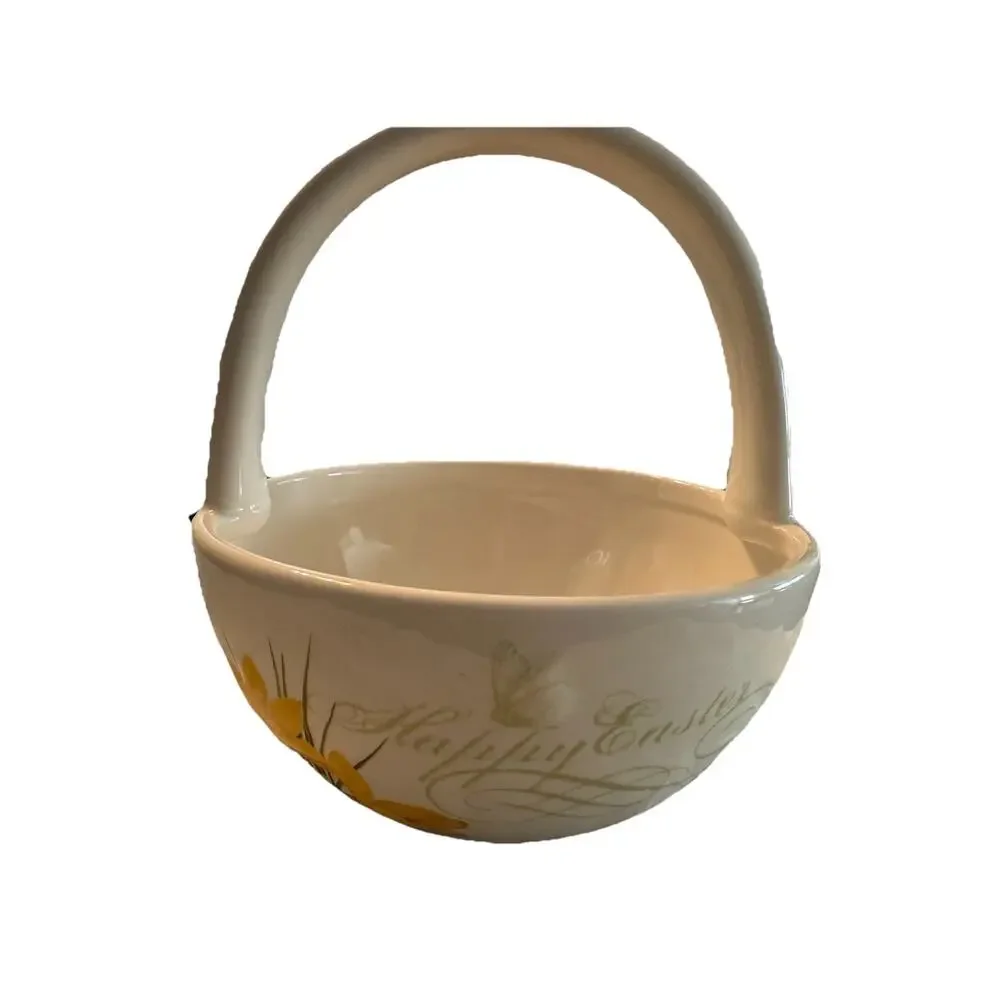 Blossoms & Blooms Ceramic Decorative Basket Floral Easter White Yellow Round